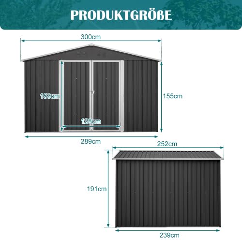 Metalowy domek na narzędzia XXXL 300 x 252 x 191 cm z dachem dwuspadowym – duży domek ogrodowy z drzwiami przesuwnymi i ochroną przed kradzieżą – odporna na warunki atmosferyczne szopa ogrodowa na