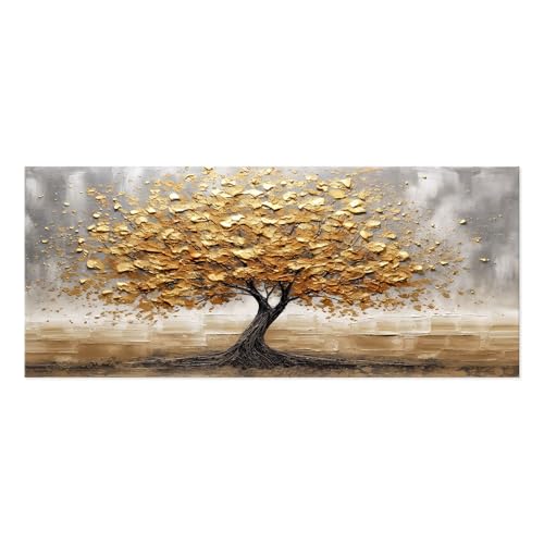 Lupia - Quadro moderno Canvas World TREE LEAVES GOLD 52x122 cm, Stampa su Tela effetto Pennellate tridimensionale, Albero della Vita, Telaio in Legno, soggiorno capezzale camera da letto ufficio
