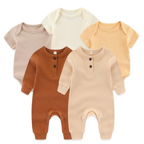 Image of Ruliby Baby Bodysuit Ribbed Romper 5-pcs Soft Unisex Boy Girl Outfit Clothes Set 0-12 momth
