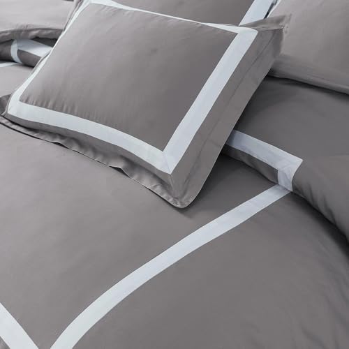 Majestic Giftware Madison Linen 4 Pcs 48" Twin Size Bedding Set (BL1-48T-3-4pcs) Province Hotel Collection-Taupe-White Tape 400 TC Cotton Sateen | 1 Fitted Sheet, 1 Duvet, 2 Pillowcases