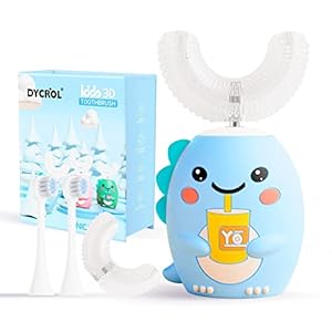 Youngsters U Formed Electrical Toothbrush with 4 Brush Heads, Sonic Toothbrush Youngsters with 5 Modes, Cartoon Dinosaur 360-Diploma Cleansing IPX7 Waterproof Design (2-6 Age (Blue))