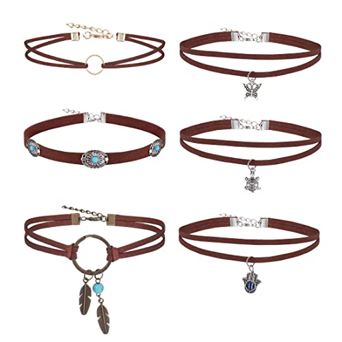 CASSIECA 6 Pcs Verstellbares Leder Halsband Set Für Frauen Türkis Schmetterling Feder Schildkröte Halsband Punk PU Halskette Goth Halsband Weich Vintage Kragenkette Böhmischer Schmuck Geschenke Frauen Cover