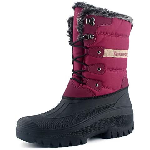 Knixmax Women's Winter Snow Boots Waterproof Mid Calf Booties Fur Lined Warm Outdoor Insulated Mucker Yard Skiing Hiking Boots Red Size 8 US /39 EU Cover
