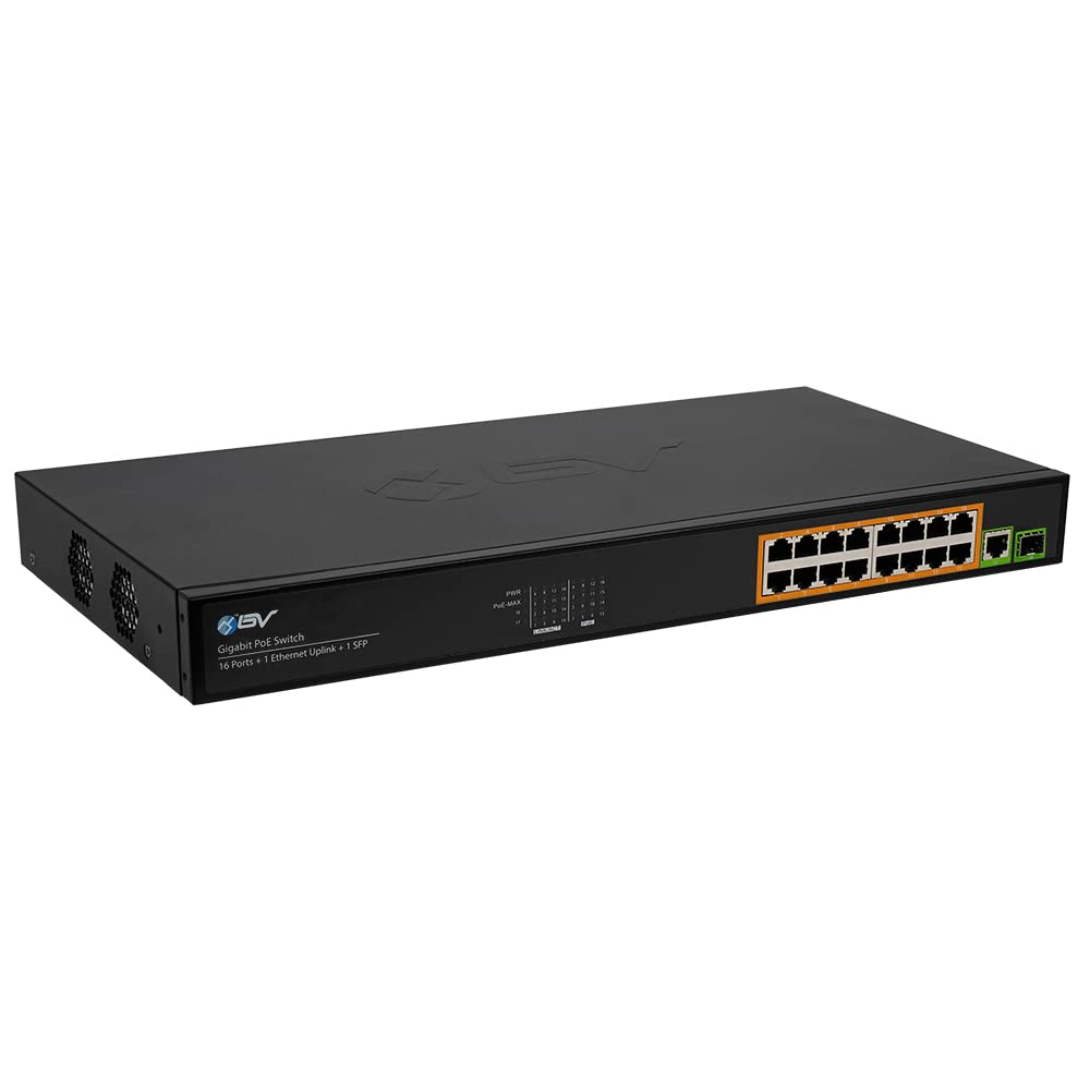 BVTech 16 Ports PoE+ Switch (16 Gigabit Ethernet Ports | 1 Ethernet +1 SFP Uplink) -230W - Fanless Desktop Design, Sturdy Metal Housing - 802.3af/at
