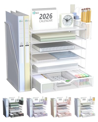 Image of WALI Desk File Organizer, 6 Tier Desktop Paper Letter Tray Organizer with Drawer and 2 Pen Holders, Office Desk Accessories & Workspace Organizers for Office, Home Supplies(DO007DH-W), 1 Pack, White
