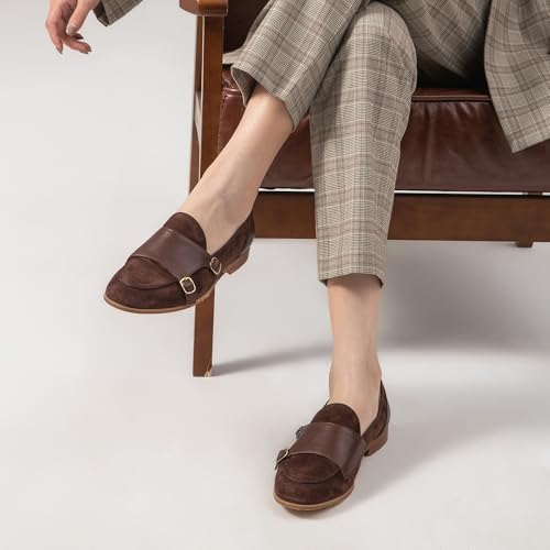 Image of BEAU TODAY Monk Straps Loafers for Women Double Buckles Design Womens Leather Flat Shoes Comfort Business Slip-on Casual Round Toe Loafer Shoes