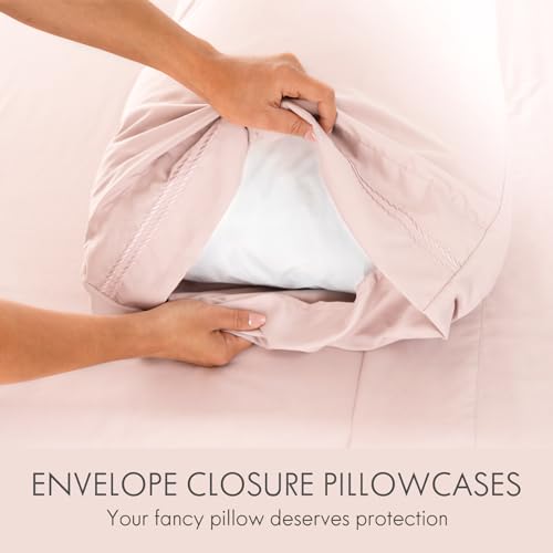 Image of ClevaHome Full Sheets Set - 6 Piece Fitted Bed Sheet Set, Barely Pink | Soft Luxury Breathable, Shrink & Fade Resistant, Embroidered Bed Sheets, 14-inch Deep Pocket, 2 Extra Pillowcases