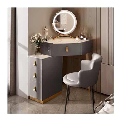 WDSOPK Escritorio De Tocador De Esquina, Tocador De Esquina De Madera, Juego De Tocador con Espejo Y Taburete, Mesa De Maquillaje con Cajones, Muebles De Dormitorio, Escritorio De Maquillaje