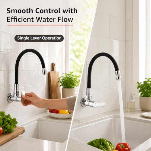 Image of Amazon Basics Flexible Spout Kitchen Faucet | Cold-Only Single Lever Sink Tap with 360 Degree Swivel and Bendable Spout | Kitchen Use | Black and Chrome