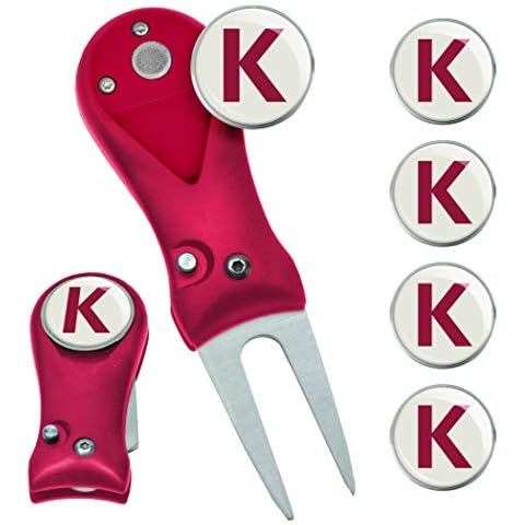 Clip Wipes Switchblade Golf Divot Tool & 5 Personalized Letter (A to Z) Ball Markers (Red-K) Cover