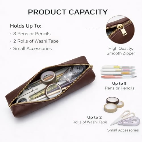 Image of Faux Leather Color Pencil Case Multifuncional and Simple with Zipper for School (Dark Brown)