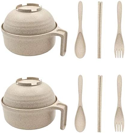 CUGBO 2 Pack Wheat Straw Bowls Sets-Unbreakable Degradable Large Instant Noodle Bowls with Lid and Handle, Student Children's Cutlery Set Cereal Bowls for Soup,Rice,Dessert and Salad (30 Oz, Beige)