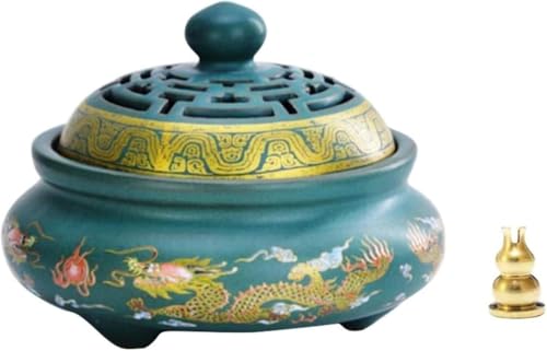 Vilom 丸香炉 お香立て お線香立て 香皿 陶器 アンティークモダン風 蓋付き スティック・渦巻き線香対応 上絵装飾 双龍デザイン アロマ 癒しグッズ