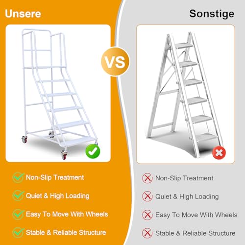 Image of 4 Step Rolling Ladder - Mobile Rolling Stairs with Wheels, Heavy Duty Industrial Safety Non-Slip Metal Rolling Ladders, 880lbs Capacity, for Warehouse, Garage, Supermarket