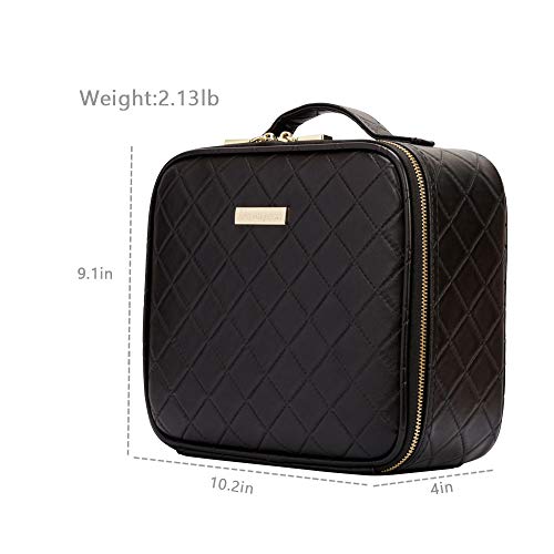 ROWNYEON Makeup Travel Case Rhomboid Makeup Bag Organizer Portable Cosmetic Makeup Train Case Storage Bag Diamond Pattern Cosmetic Bag for Women,Cosmetics PU Leather Waterproof Small,Black