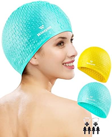 2 Pack Unisex Silicone Swim Cap for Women Men, Large Size Swimming Caps for Long Hair/Braids to Keep Hair Dry, Waterproof Bathing Caps for Swimming with Ear Plugs & Nose Clip Set(Yellow&Green)