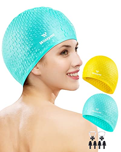 2 Pack Unisex Silicone Swim Cap For Women Men, Large Size Swimming Caps For Long Hair/Braids To Keep Hair Dry, Waterproof Bathing Caps For Swimming With Ear Plugs & Nose Clip Set(Yellow&Green) #TOP1
