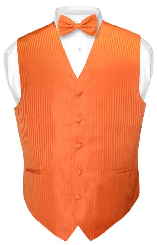 Men's Dress Vest & Bowtie Orange Color Vertical Striped Design Bow Tie Set Sz M #TOP6