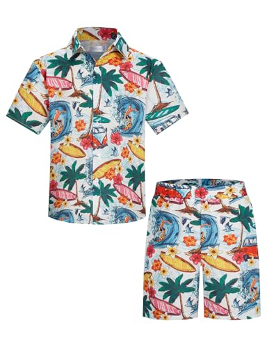 Yoimira Boys Hawaiian Shirt and Short Set Beach Shirts for Kids Printed Casual Outfit 2 Piece with Pocket 7-14 Years