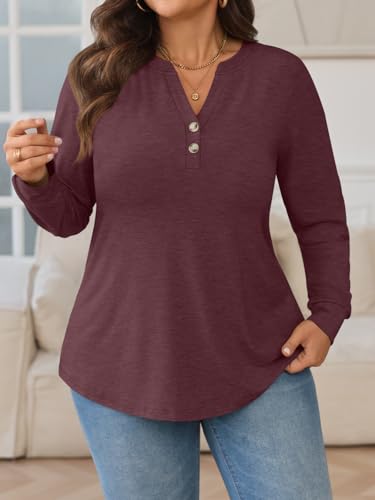 WYNNQUE Womens Plus Size Tops Long Sleeve Henley V Neck T Shirts Business Casual Fall Outfits Loose Fit Dressy Tunics Blouses2