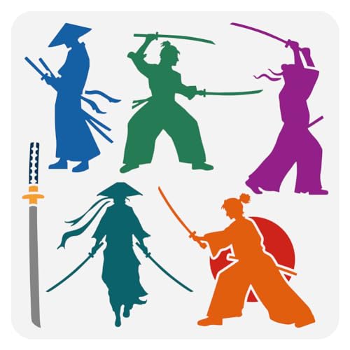FINGERINSPIRE Samurai Warrior Stencil for Painting 11.8x11.8 inch Reusable Swordsman Pattern Drawing Template Decorative Man Silhouette Painting Stencil Plastic PET East Swords Hat Pattern Template