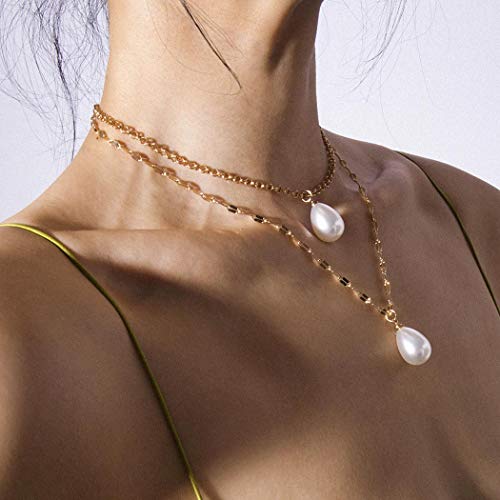 Preisvergleich Produktbild Jovono Boho mehrschichtige Halsketten mit einfachen doppelten Wassertropfen Perle Anhänger Schmuck für Frauen und Mädchen (Gold)