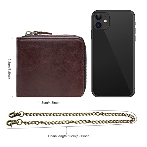 Image of boshiho Genuine Leather Bifold Chain Wallet for Men RFID Blocking | Heavy Duty Steel Anti-Theft Chain & 2 Zipper Coin Purse. Perfect for Bikers, Daily Commute, Gift for Dad /Husband