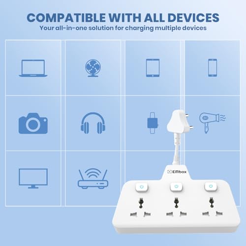Image of EMBOX Multi Plug Socket 2500 W | Extension Board with Switches | 3 Universal Sockets Multi Plug Adapter Fast Charging No Block Design, White