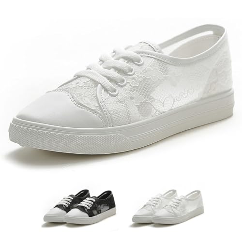 Baskets Femme Blanche Tennis Chaussures en Dentelle Casual Confortable Plates Chaussures Marche Sport Chic pour Été (Blanc, Adulte, Femme, 39, Numérique,...
