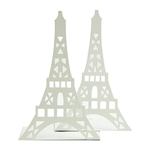 Un par de sujeta libros con diseño de la torre Eiffel para estantes organizadores, para soporte de libro de escritorio, metal decorativo, color blanco
