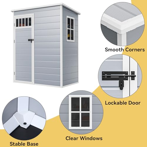 Image of DWVO 5x3FT Outdoor Storage Shed with Fence-Style and Side Windows, Floor, Lockable Doors, Plastic Storage Shed for Backyard and Garden, Gray