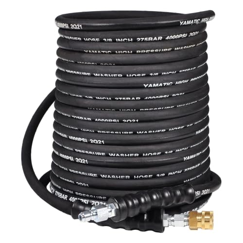 YAMATIC 3/8 Pressure Washer Hose 50FT With Swivel 3/8 Quick Connect 4000 PSI High Tensile Steel Braided Kink Resistant 212F Hot/Cold Water Power Washer Hose for Professional Gas Cleaning