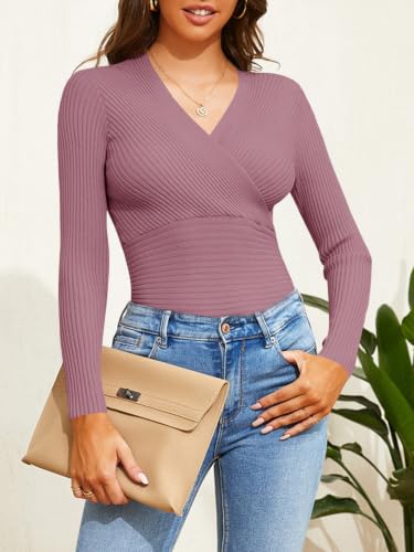 Image of Fangetey Womens Deep V Neck Sexy Wrap Sweater Long Sleeve Slim-Fitted Knitted Jumper Top