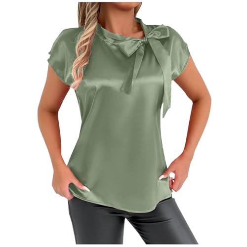 Women's Bow Tie Mock Neck Cap Sleeve Satin Shirts Blouses Office Ladies Elegant Dressy Business Casual Work Tank Tops Sage Green