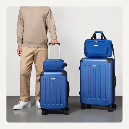 Image of Amazon Basics 4-Piece Hardside Luggage Set with Multidirectional Spinner Wheels, 22 inch Carry-On, 28 inch Checked Suitcase, 15 inch Tote Bag and 10 inch Travel Case, Navy Blue