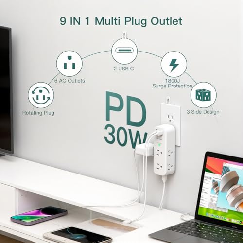 Image of Addtam 30W USB C Outlet Extender Surge Protector, Rotating Plug | 6 AC Outlets Splitter, 4 USB Ports (2 USB-C), 1800J Wall Mount Power Strip, 3-Side Multi Plug for Dorm, Travel Essentials