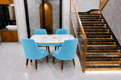 Image of WOODEN SPACE 4 Seater Wooden Dining Table Set | Urban Marble Top Dining Table with Chairs for Dining Room & Kitchen (Modern Frontline Sky Blue) (54 x 36 x 30 inch)
