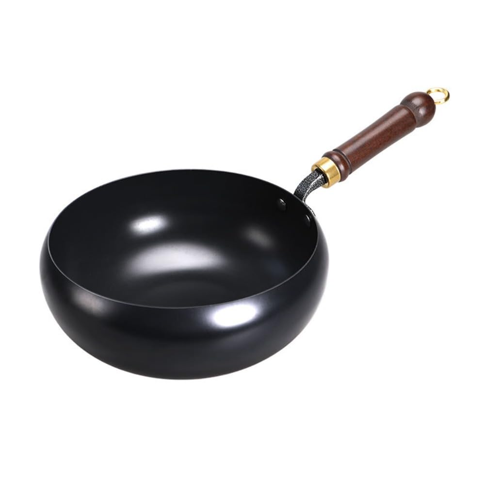Tradycyjny czarny żeliwny wok z drewnianym uchwytem, garnek do brzucha o głębokości 28 cm, błyszczące wykończenie, zawiera drewnianą pokrywkę, metalową szpatułkę