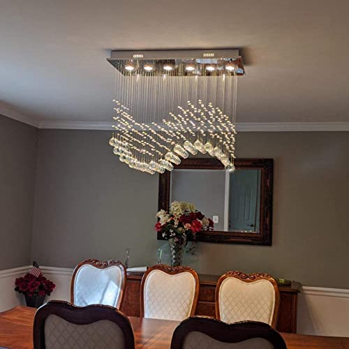 Modern Wave Chandelier, Rectangular Crystal Raindrop Chandelier Flush Mount Pendant Lighting Chrome Ceiling Light Fixture for Dining, Living Room, Kitchen Island, Bedroom of CRYSTOP - Image 2