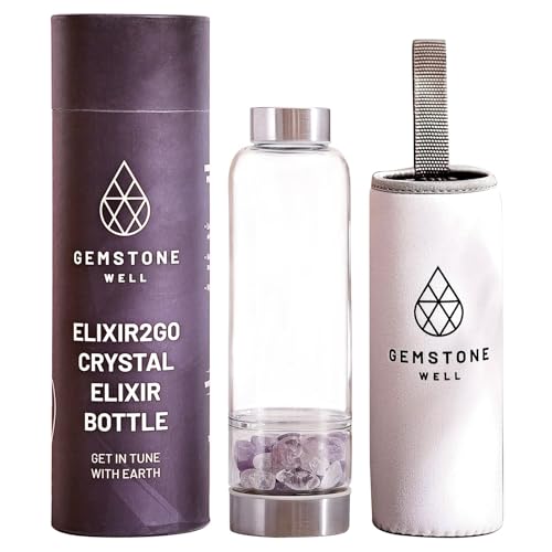 Crystal Water Bottle Elixir Set | Includes Authentic Amethyst & Clear Quartz Crystals And Healing Stones | Black Neoprene Sleeve | Drink Gem Infused Water On The Go