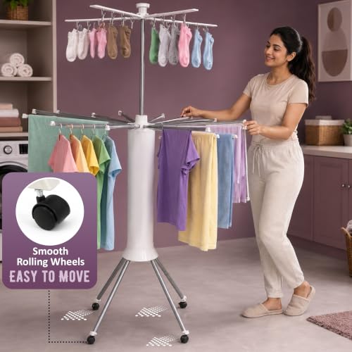 Image of JD FRESH Octopus Foldable Clothes Drying Stand with Wheels /2 Layer Heavy Duty Cloth Hanging Stand with 20 Clips & 360 Rotating Top Arms /Space Saving Laundry Drying Rack for Balcony, Indoor & Outdoor