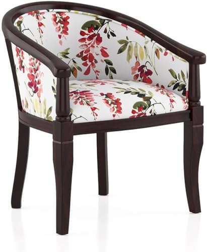 Image of Sheesham Wood Barrel Accent Chair with Floral Fabric Upholstery Handcrafted Wooden Lounge Chair with Comfortable Seat & Backrest for Living Room (Wooden Dark)