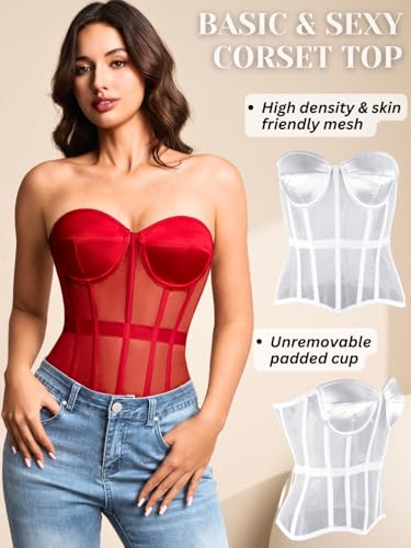Image of Kaei&Shi Sheer Mesh Overbust Corset,Sexy Strapless Lace Up Satin Bra Corsets Top For Women Shapewear