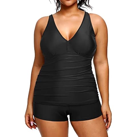 Yonique Plus Size Tankini Swimsuits for Women with Shorts Tummy Control Two Piece Bathing Suits Slimming Swimwear - black - 20 Plus Cover