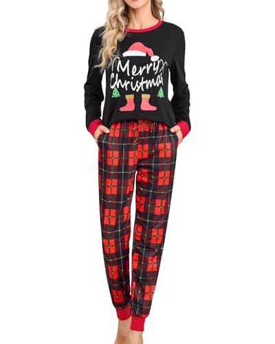 difficort Womens Pajama Sets Cute Christmas Printed 2 Piece Sleepwear Holiday Pjs Jammies, Black Red Plaid, Medium