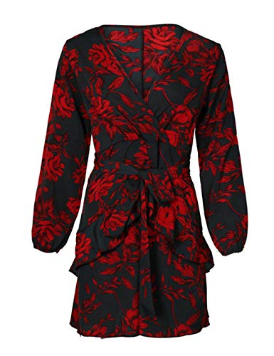 uguest Women Long Sleeve V Neck Dress Floral Mini Swing Party Wedding Dress with Belt Charcoal Red S