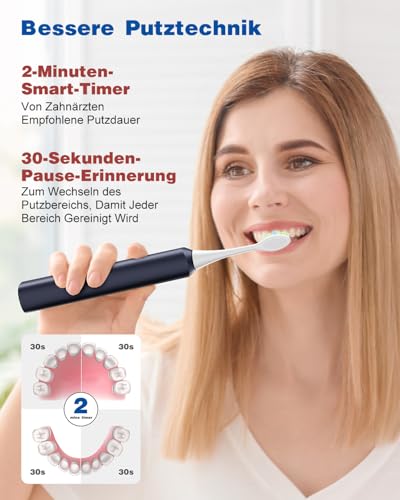 Elektrische Zahnbürste, Zahnbürste Elektrisch, Zahnbürste Für Empfindliche Personen, 45000VPM, 5 Modi, 6 DuPont-Bürstenköpfe, 120 Tage Akkulaufzeit, Batteriestandsanzeige, Timer, IPX7, Blau – Bild 7