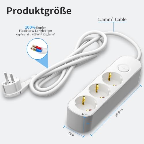 Realmade Steckdosenleiste 3-Fach, Mehrfachsteckdose mit Schalter 3M – Ansicht 4
