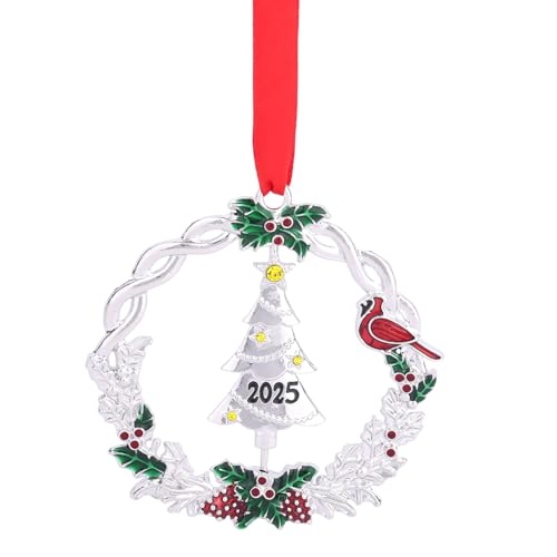 Christmas Tree Ornament, Metal Durable Silver 2025 Christmas Wreath Hanging Ornament with Rotatable Tree Suitable for Indoor Outdoor Xmas Holiday Decoration Gifts