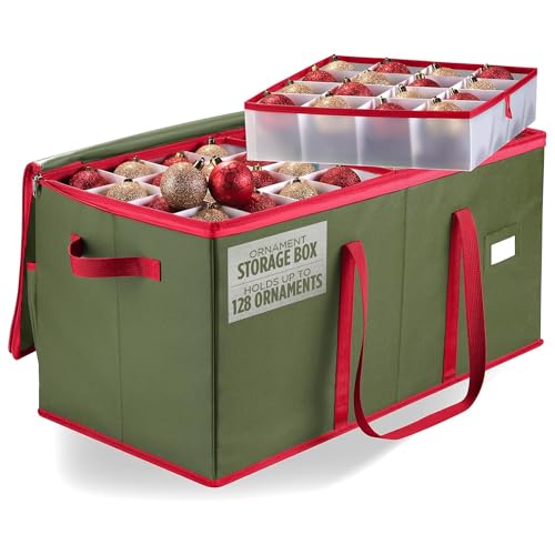 Christmas Ornament Storage - Stores Up To 128 Holiday Ornaments, Adjustable Dividers (Green)